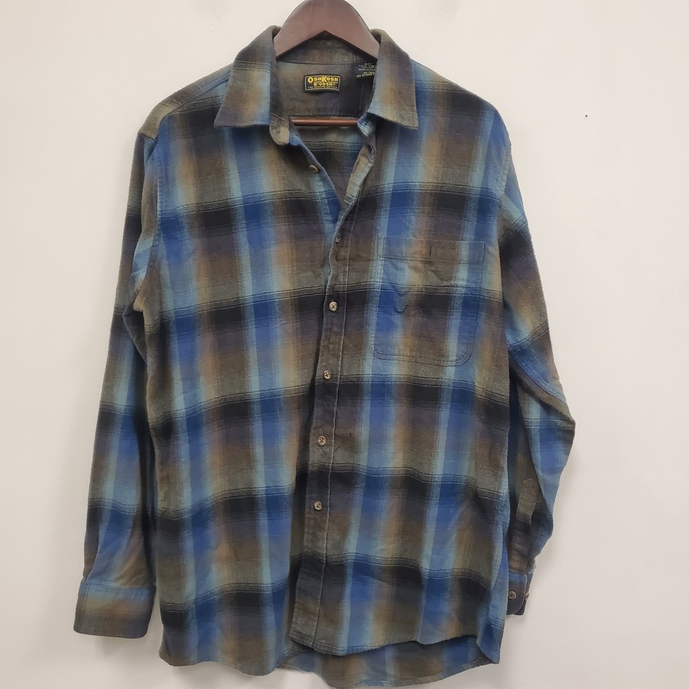 Vintage OshKosh BGosh Mens Button Flannel Shirt Size L Tall Plaid Long Sleeve